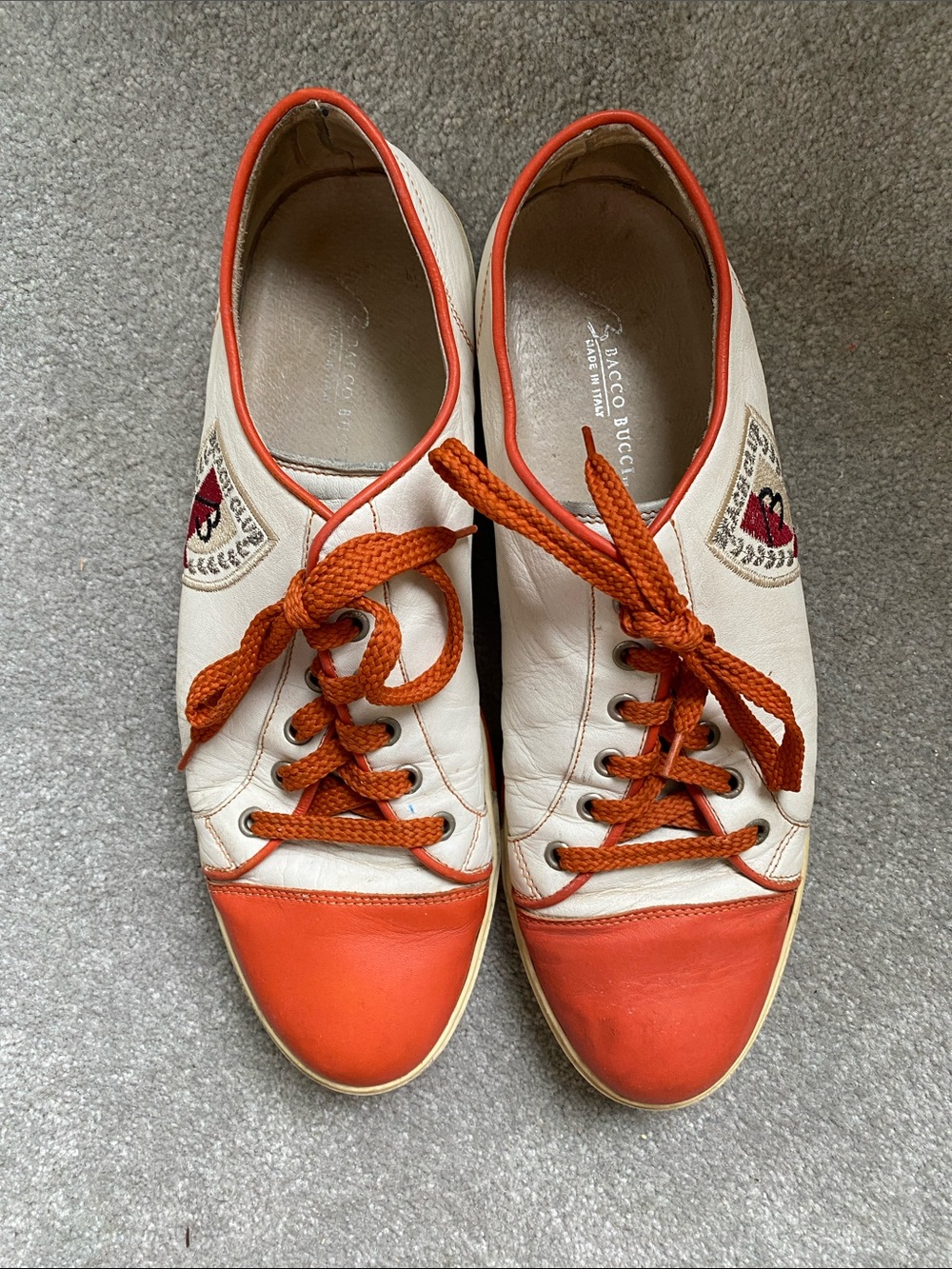 Vintage Bacco Bucci White and Orange Leather Sneakers Made In Italy